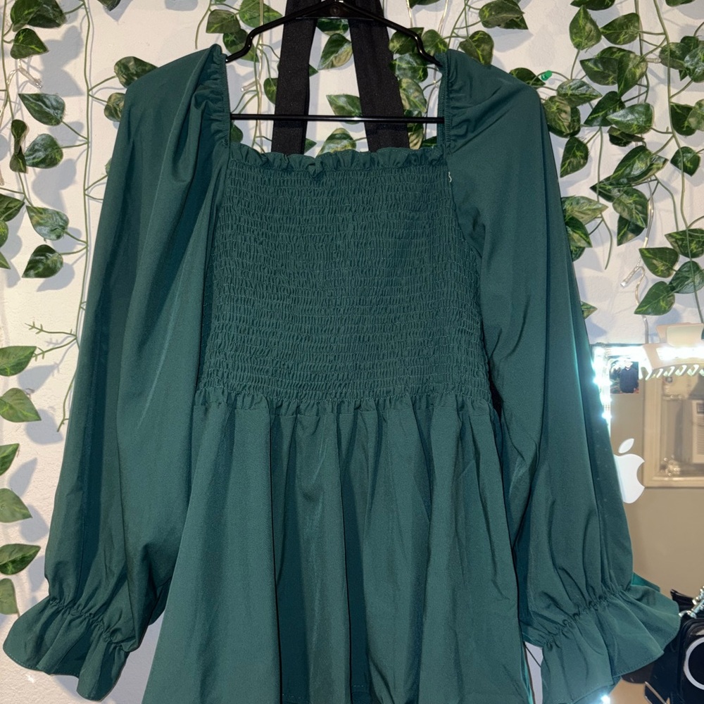 Green Smocked Long Sleeve Blouse